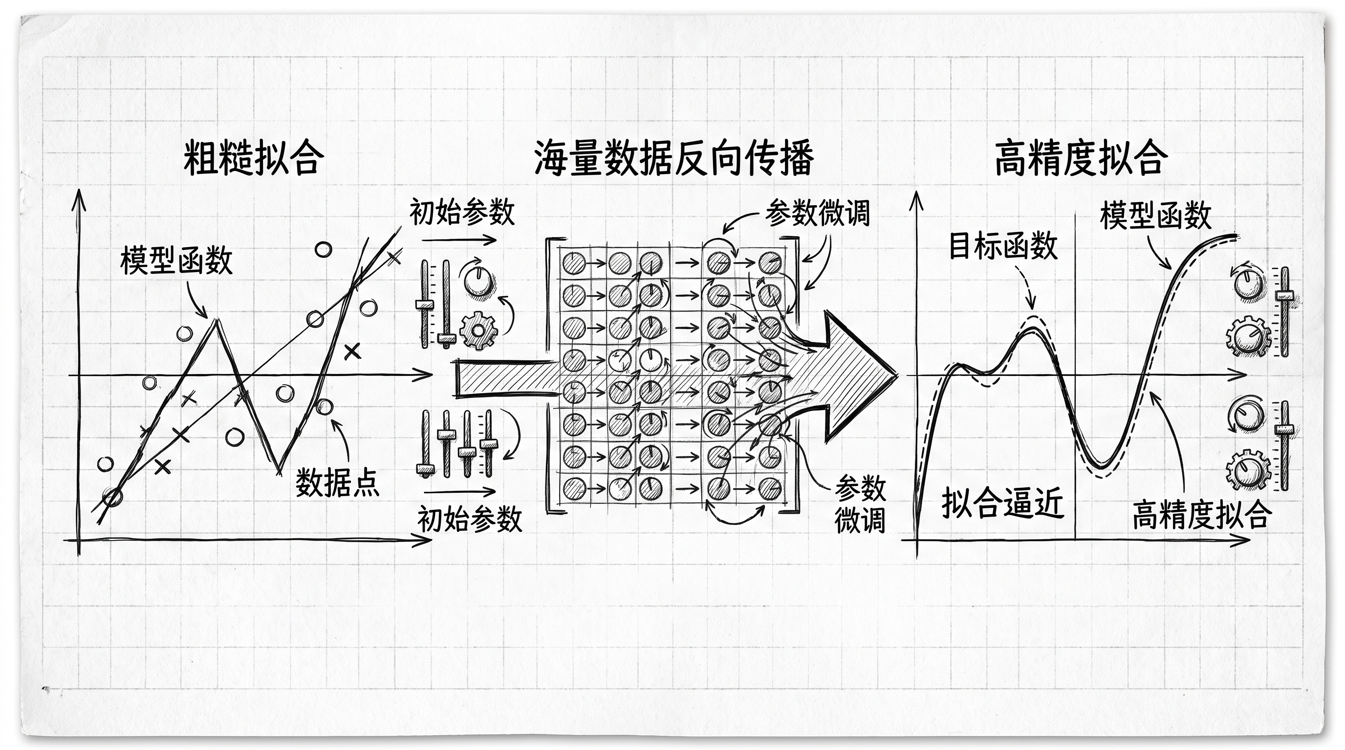 示意模型通过海量参数微调向目标函数高精度拟合