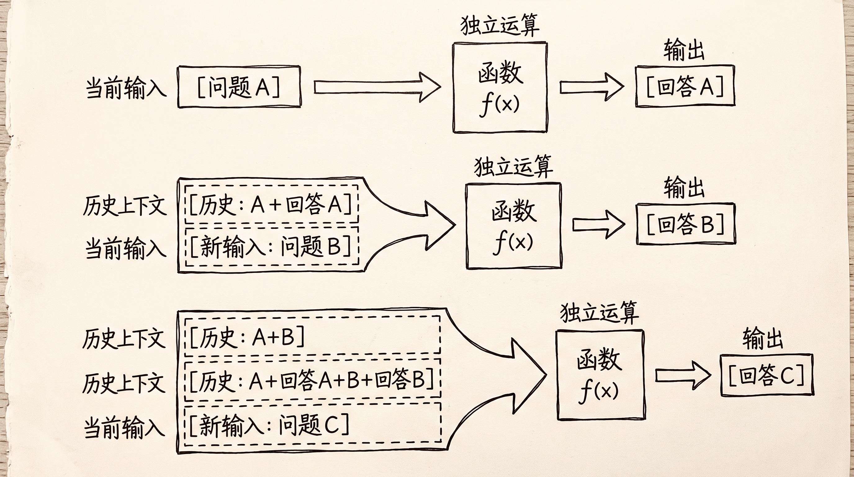 示意连续对话的本质：每一轮独立函数运算重传完整历史上下文