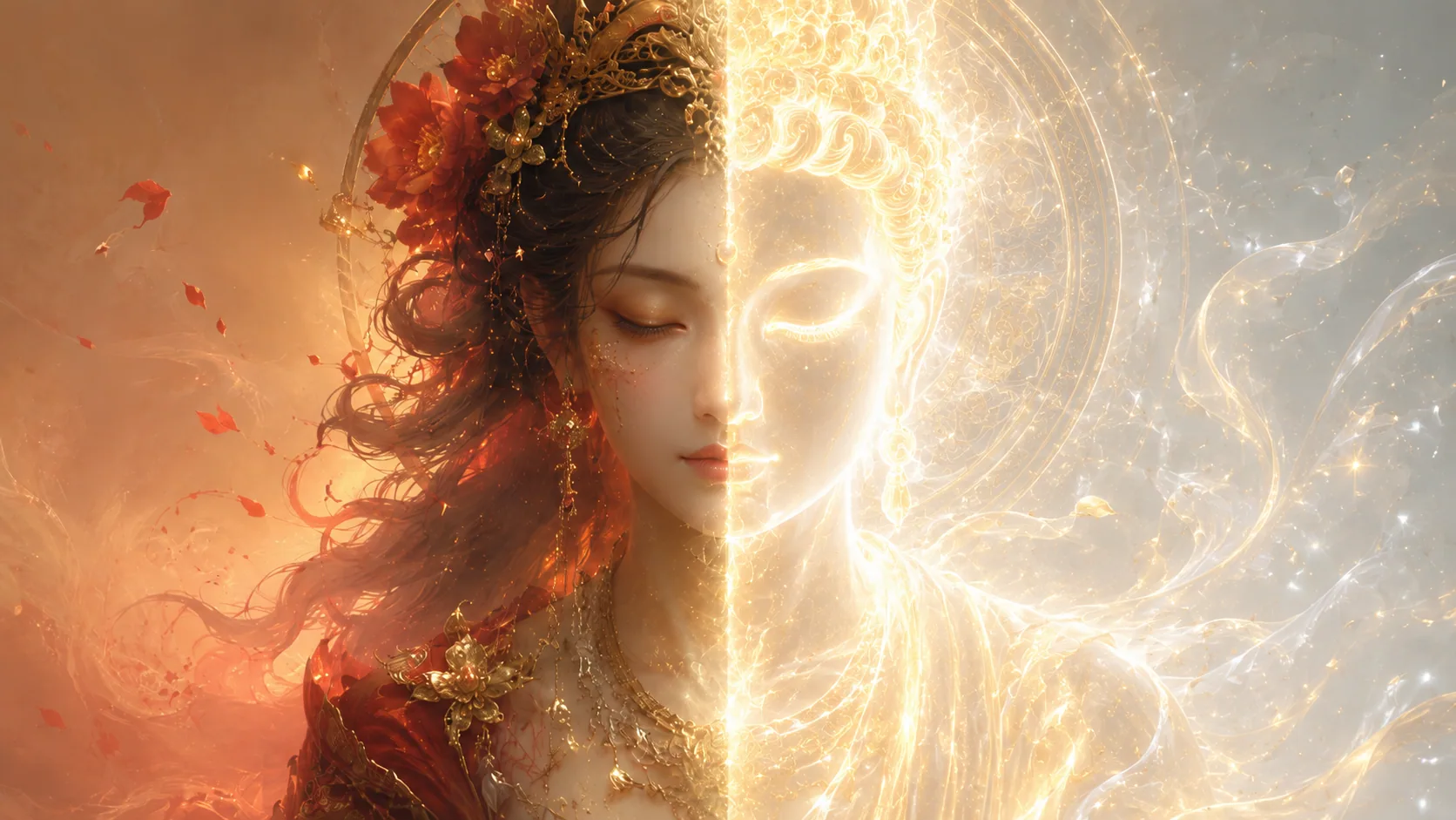 一半是绚烂少女一半是沉静佛祖的对称拼接像，双目微闭，融合了实体的绚烂与精神的沉静