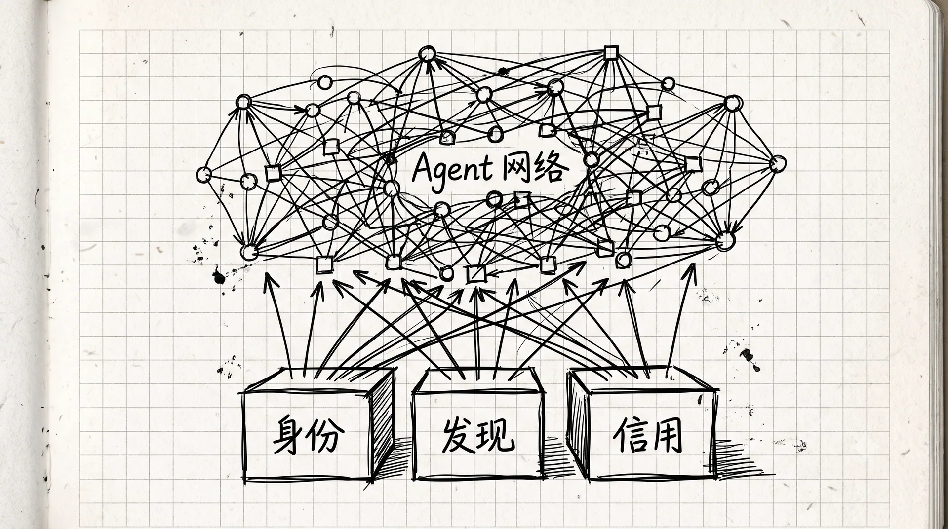 支撑 Agent 协作的三大底层基础设施（身份、发现、信用）与上层网络的手稿架构图
