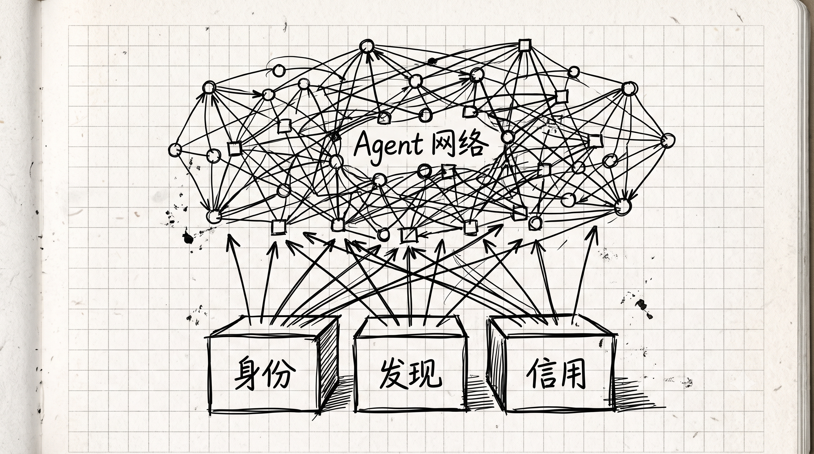 支撑 Agent 协作的三大底层基础设施(身份、发现、信用)与上层网络的手稿架构图